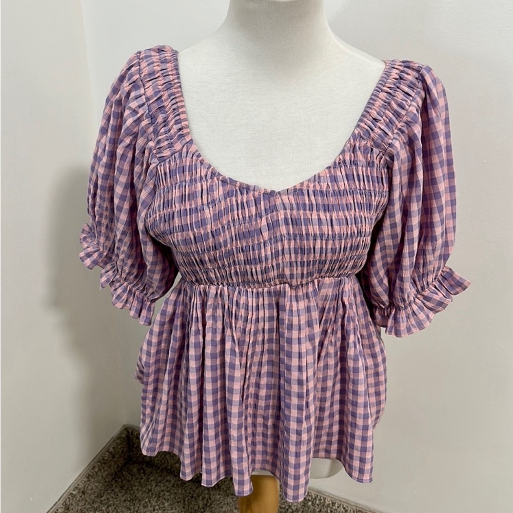 PIPER & SCOOT Smocked Puff Sleeve Peplum Plaid Top